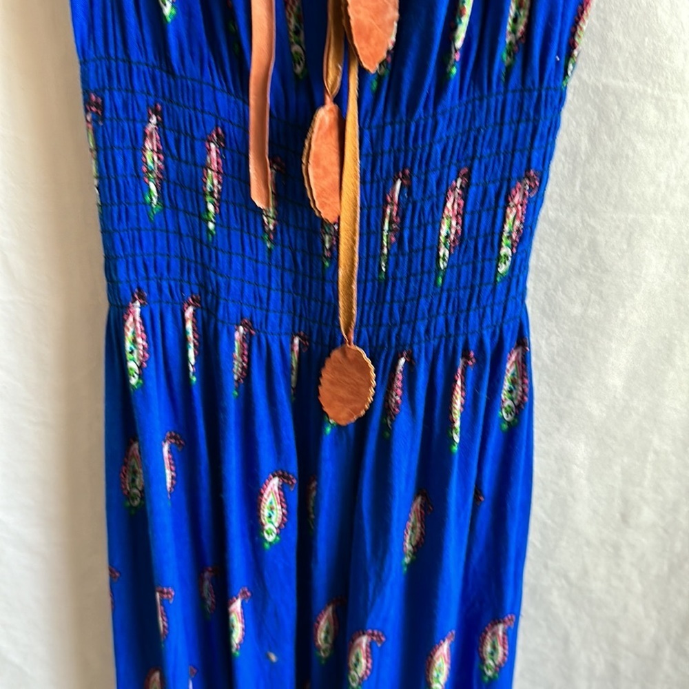 Royal blue print maxi halter dress with faux leather tie, size XS/S - Picture 3 of 9